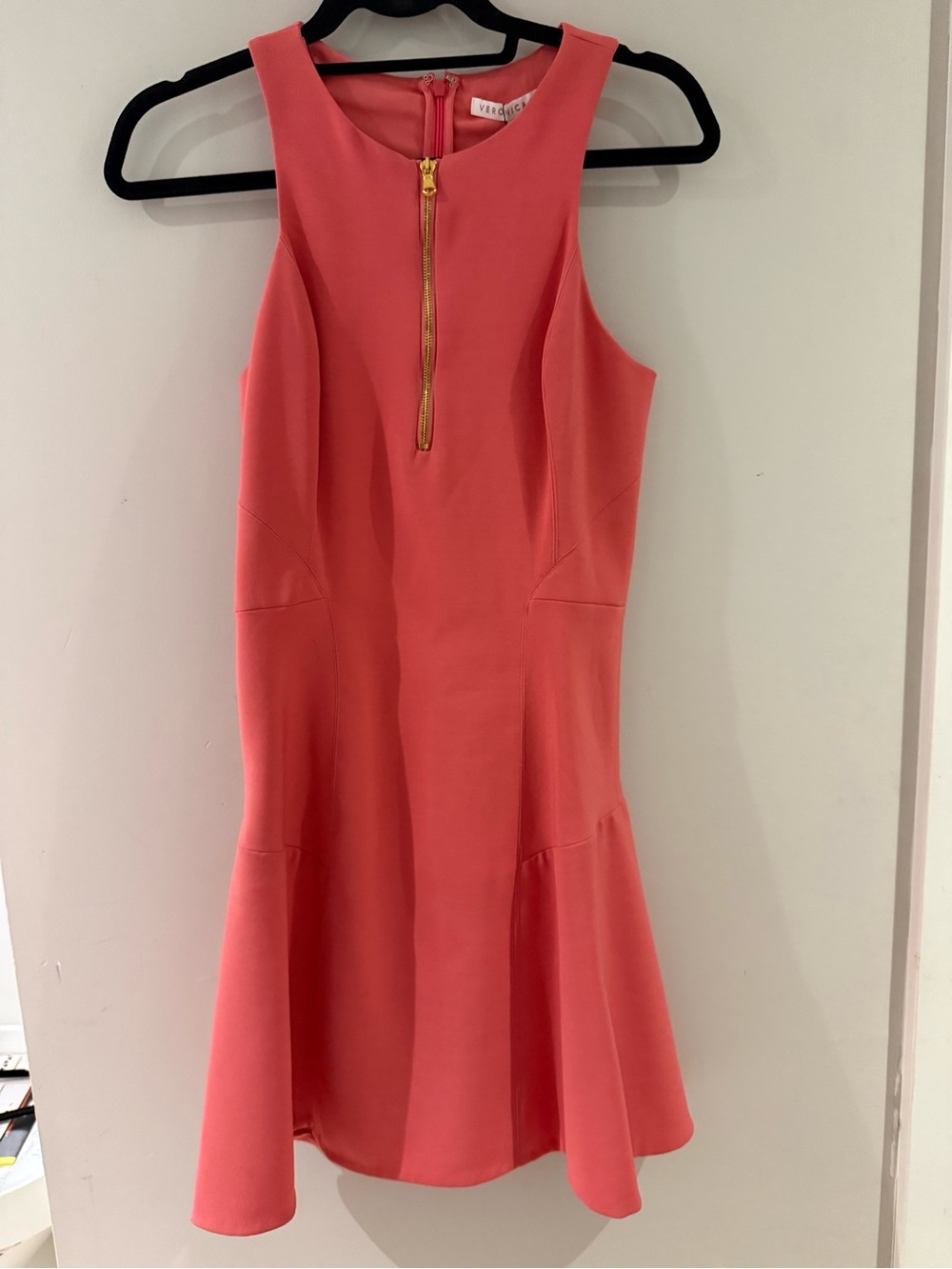 Veronica Beard Coral Sleeveless Fit-and-Flare Dress with Gold Zip